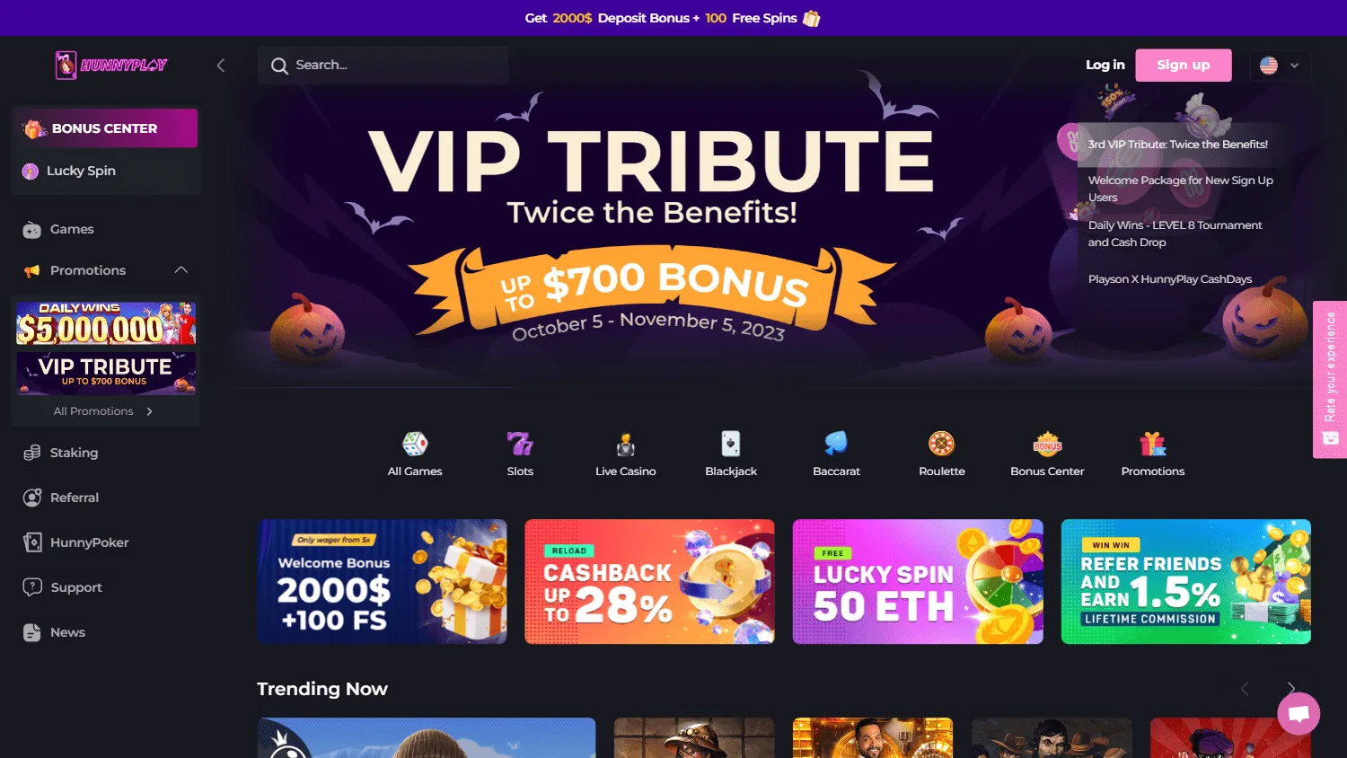HunnyPlay Casino home screen on desktop
