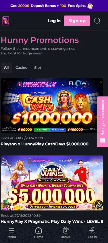 HunnyPlay Casino promotions screen on a mobile device