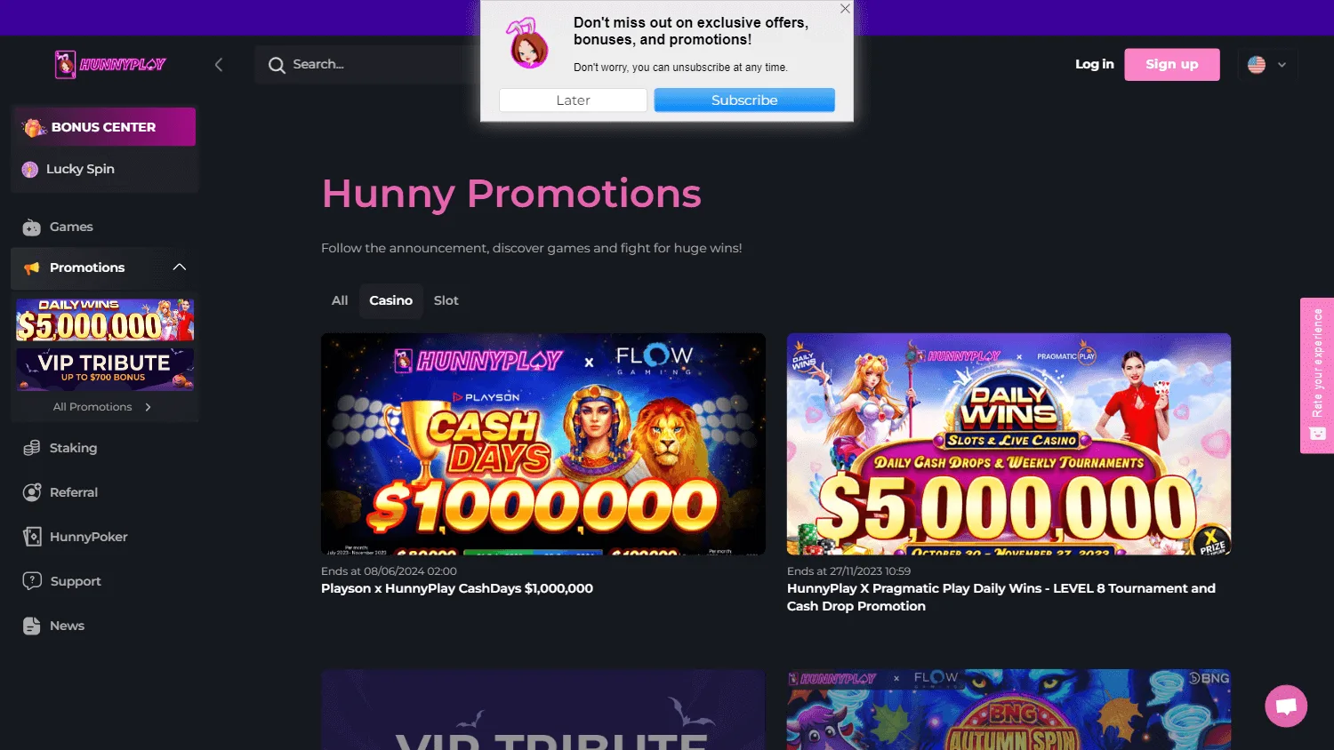 HunnyPlay Casino promotions screen on desktop